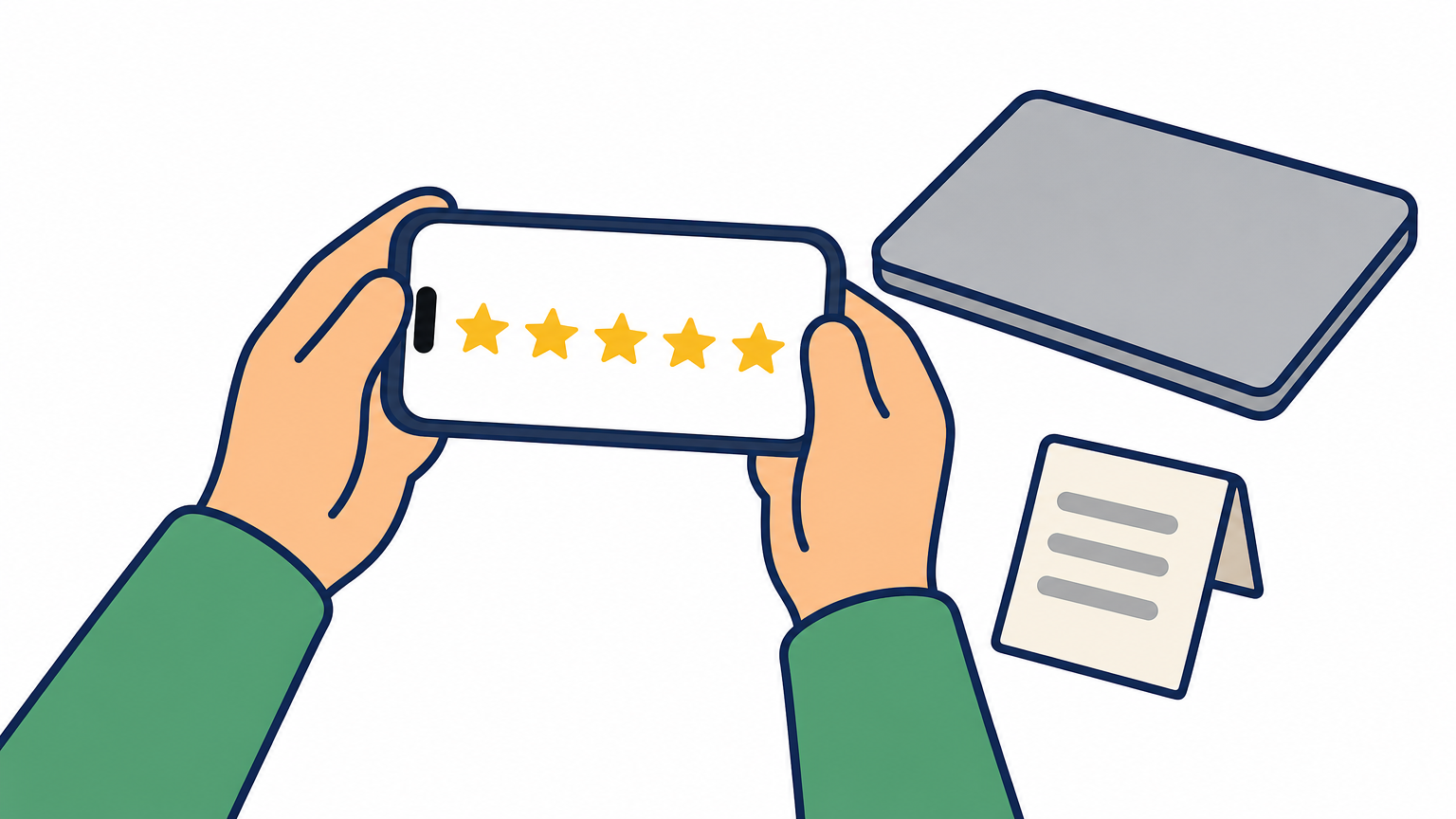 Hands holding a phone with star ratings beside a closed laptop and a paper receipt.