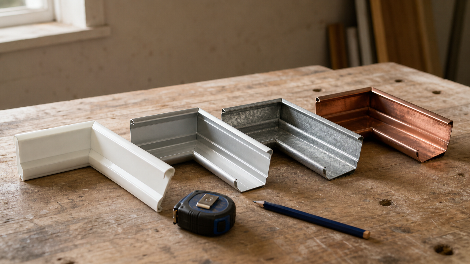 Four gutter samples in different metals and vinyl lined up on a workbench with a tape measure.