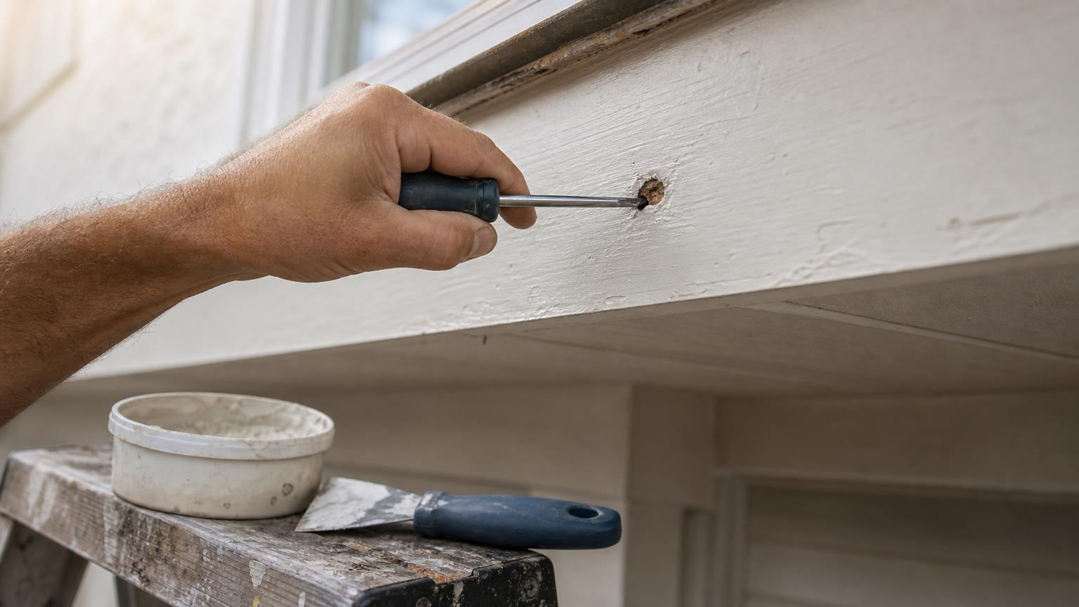 A screwdriver probing a soft spot on a fascia board with epoxy filler and a putty knife nearby.