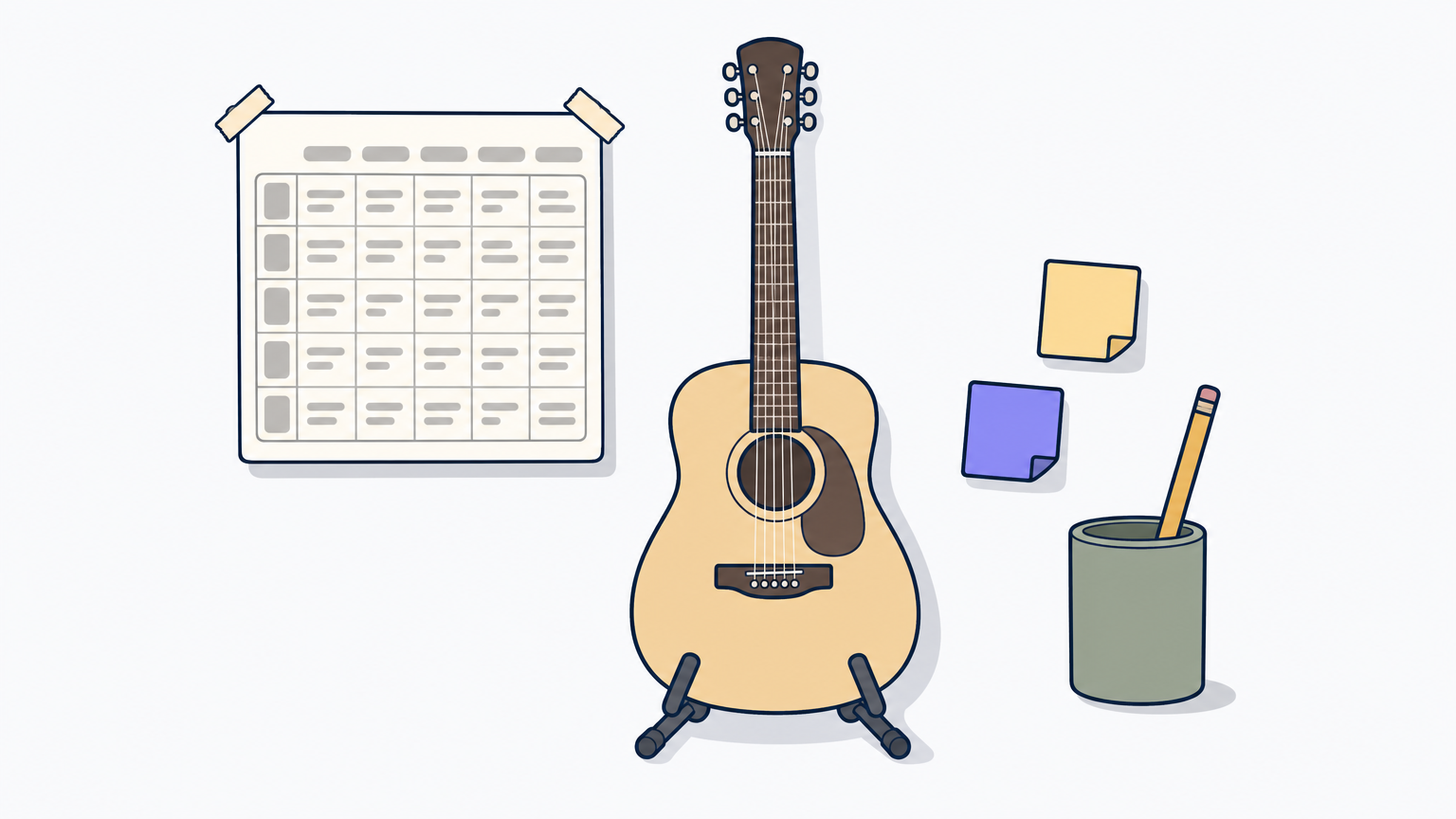 A printed practice sheet taped to a wall above an acoustic guitar on a stand.