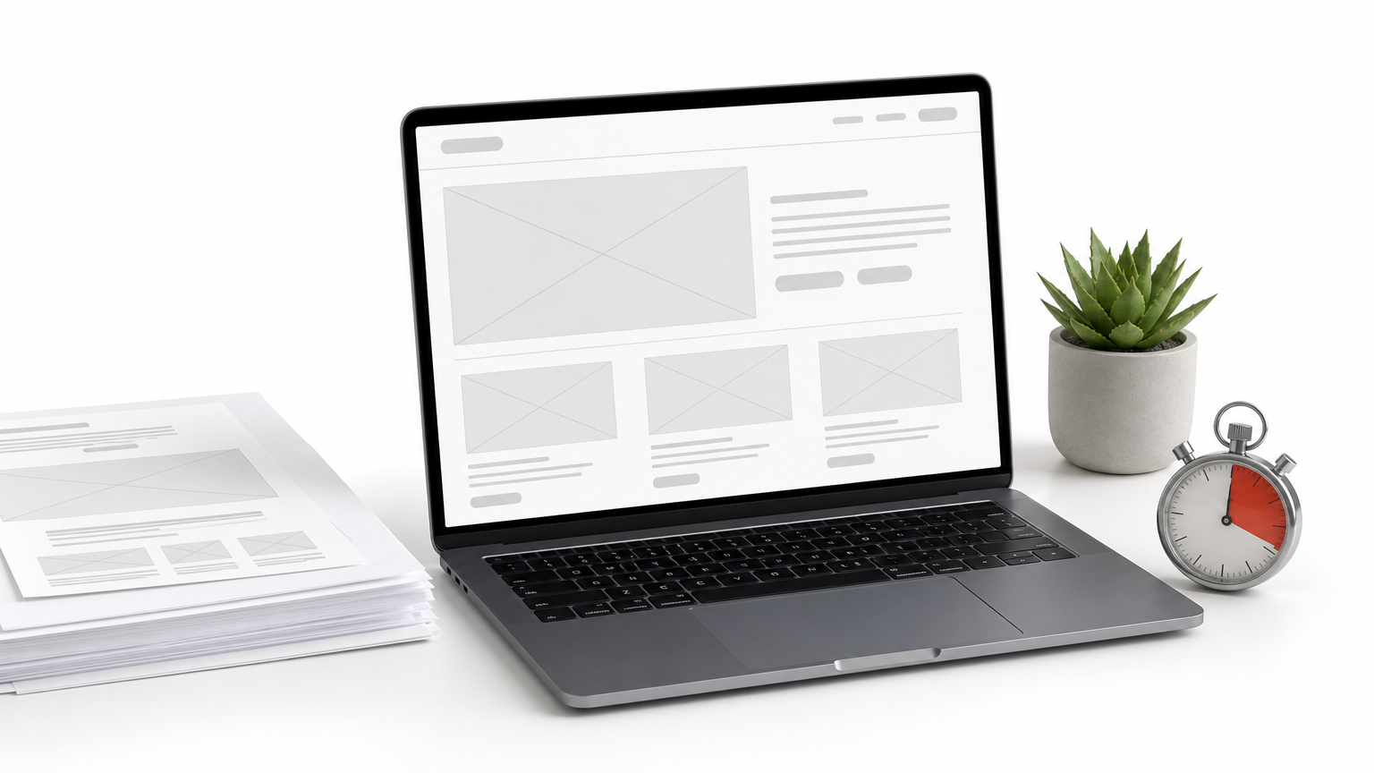 Laptop with a wireframe page, a stack of layout sheets, and a stopwatch on a desk.