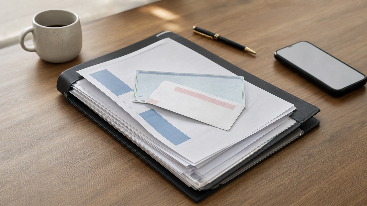 A folder of loan papers with a bank receipt, bounced cheque, and phone on a desk.