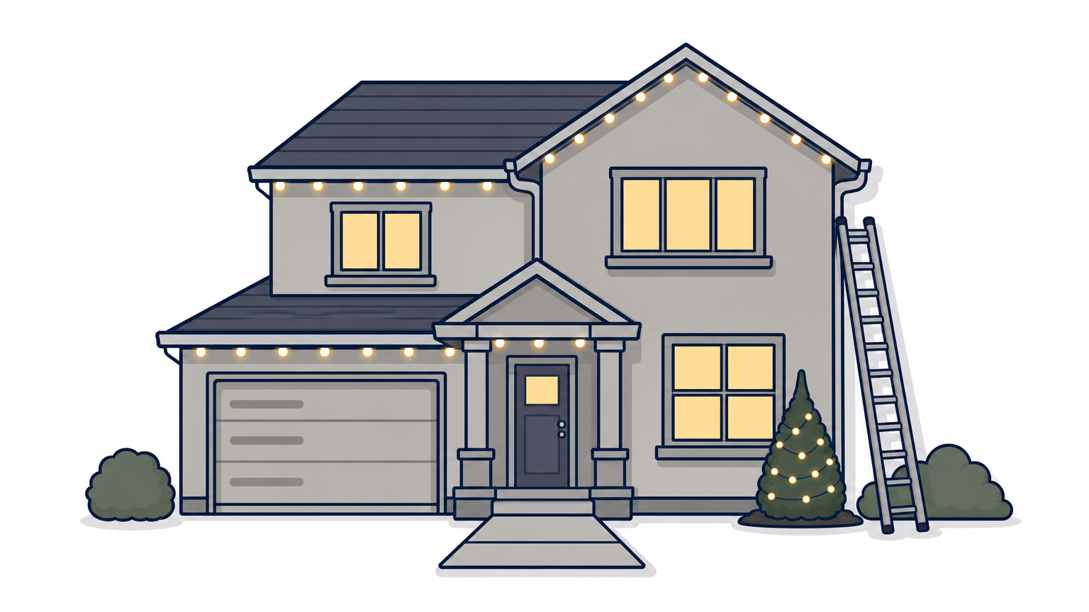 A suburban house with lights along the roof and gutters, a lit shrub, and a ladder against the wall.