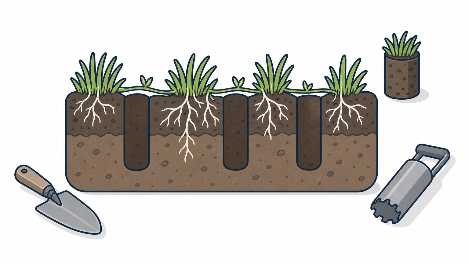 Cross-section of lawn soil with open aeration holes and new roots growing across them.
