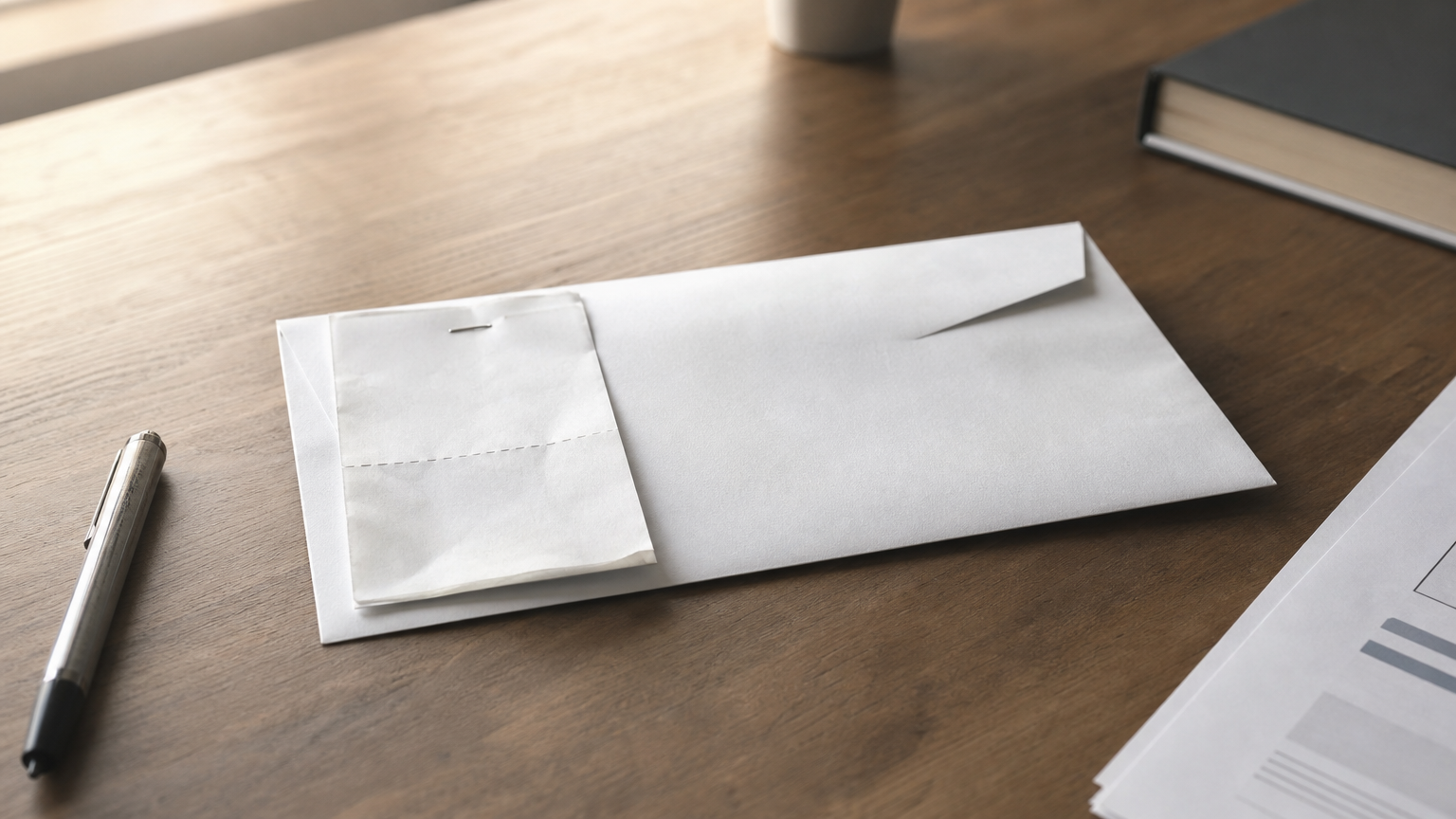 Certified mail envelope with receipt next to a pen and a collection notice on a desk.
