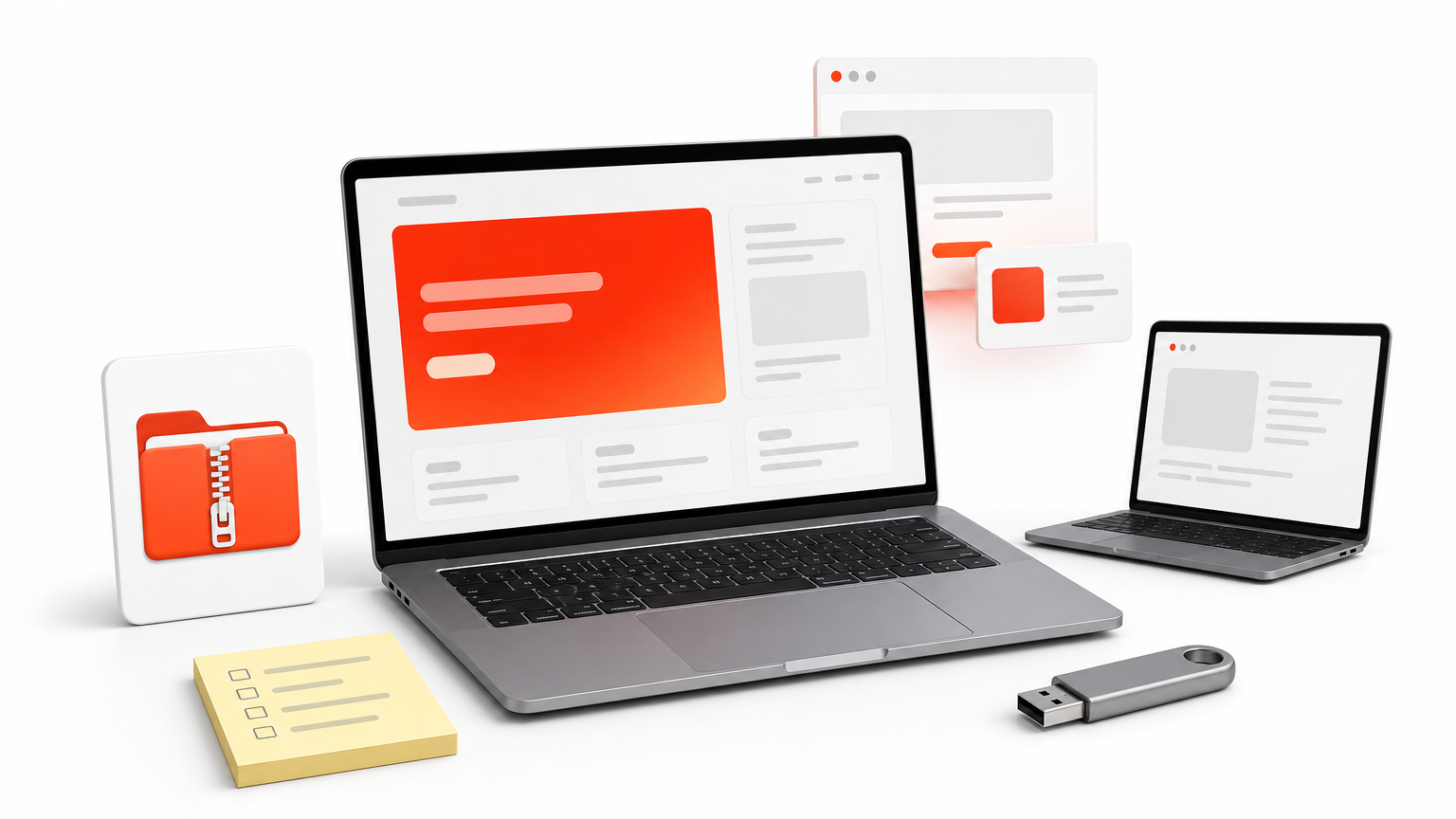 Two laptops, a zipped folder, a USB drive, and a checklist note on a desk.