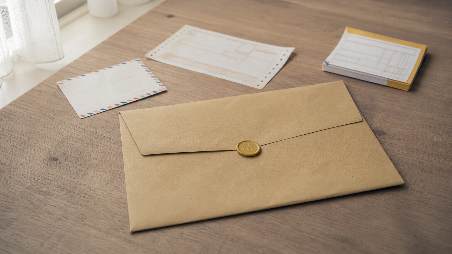 A sealed envelope with a postal receipt, courier slip, and acknowledgment card beside it.