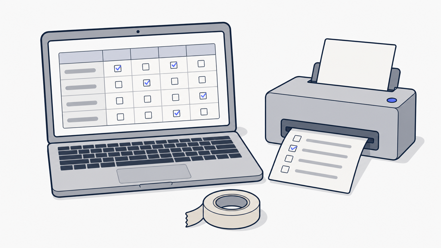 A laptop with a weekly table beside a printer producing a page and a roll of tape.