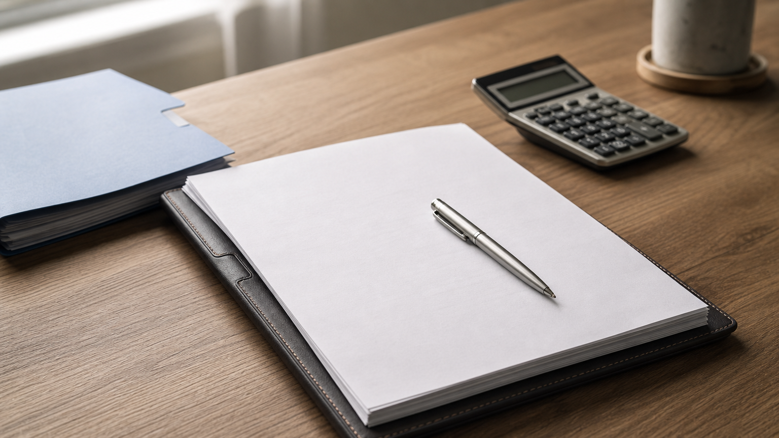 Signed agreement on a desk with a pen, a folder of copies, and a calculator.