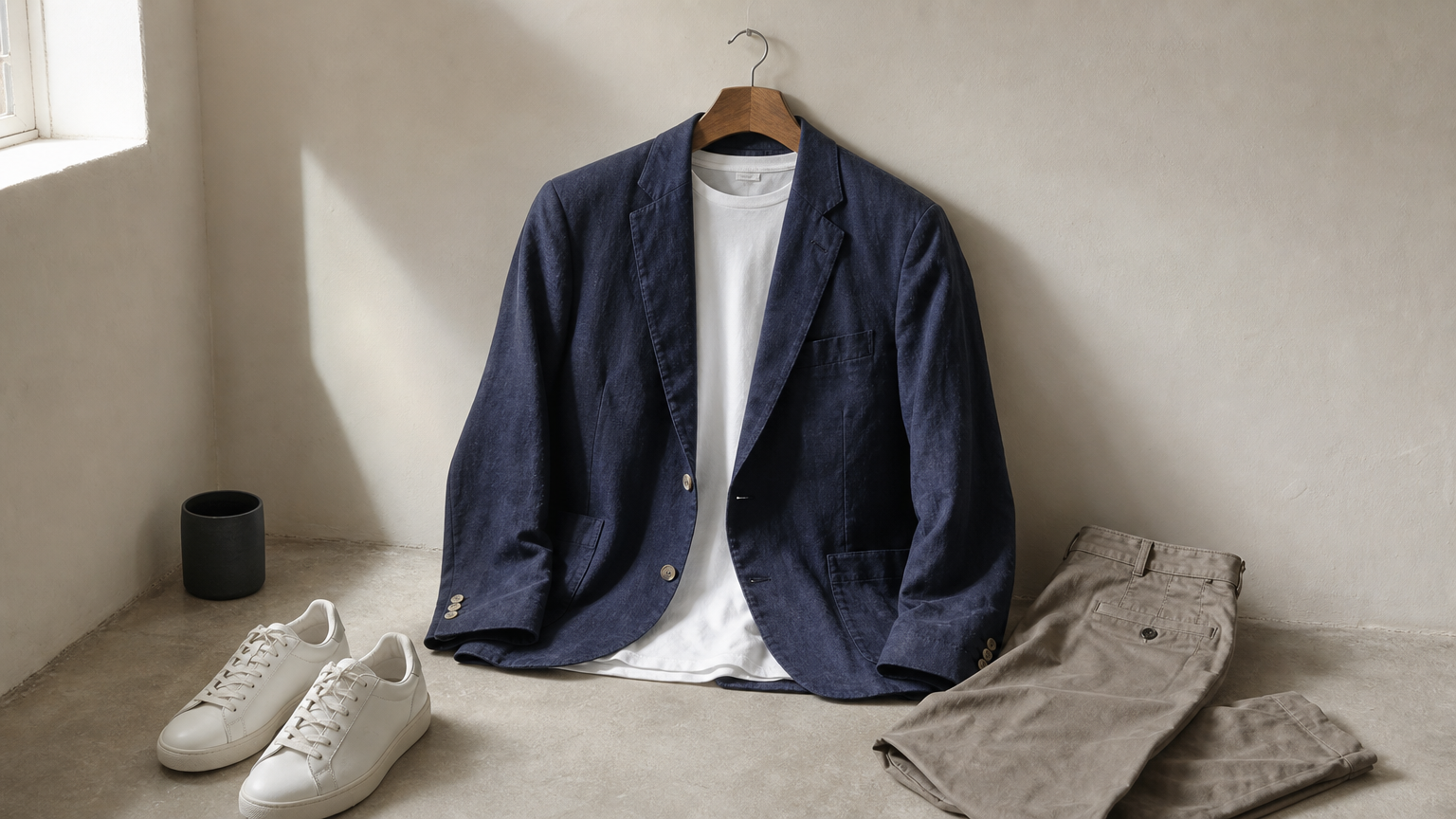 Blazer casual men's outfit with navy linen jacket, white tee, and chinos