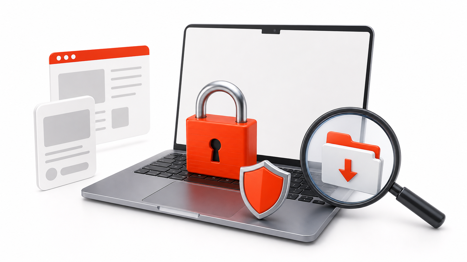 A padlock on a laptop keyboard with a magnifying glass over a folder and a shield.