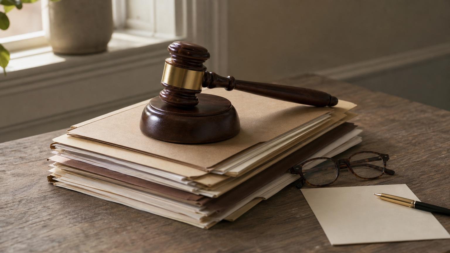 A wooden gavel on stacked case files with reading glasses and a signed notice nearby.