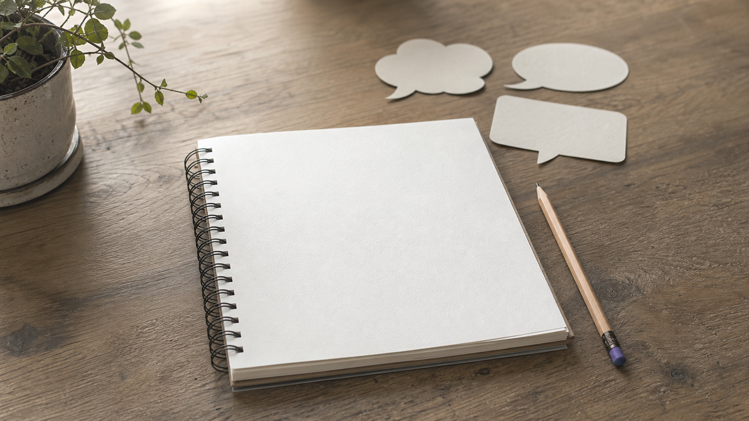 A blank notepad with a pencil and three empty paper speech bubbles above it.