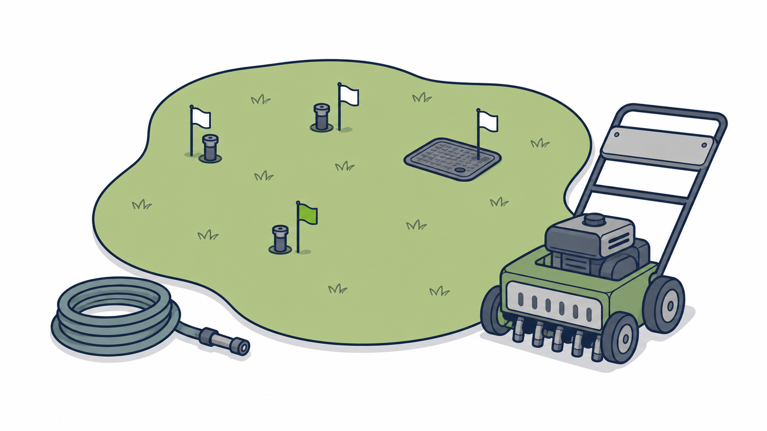 Lawn with marker flags beside sprinkler heads and a valve box, with an aerator waiting at the edge.