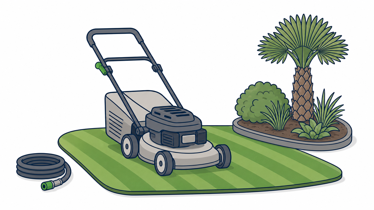 A lawn mower on a freshly striped lawn next to an edged garden bed and palm.