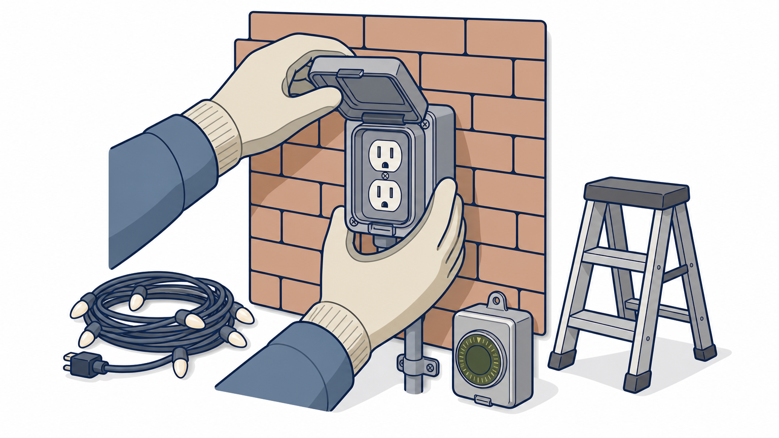 Gloved hands mount an outdoor outlet on a brick wall beside a coiled light strand, timer, and ladder.