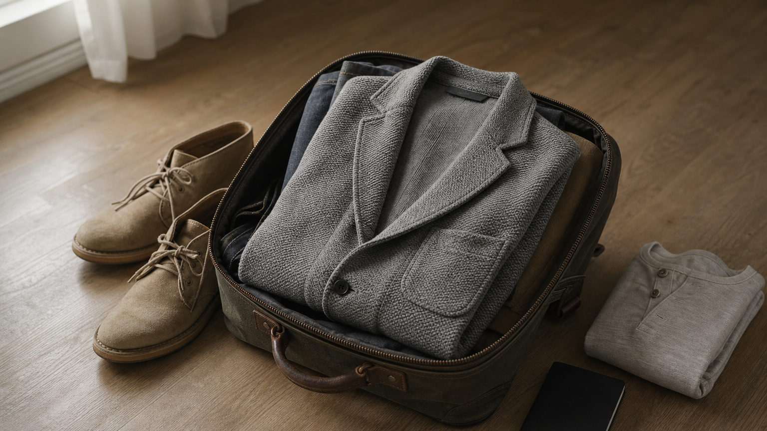 Folded gray knit blazer in an open suitcase with a henley, desert boots and passport.