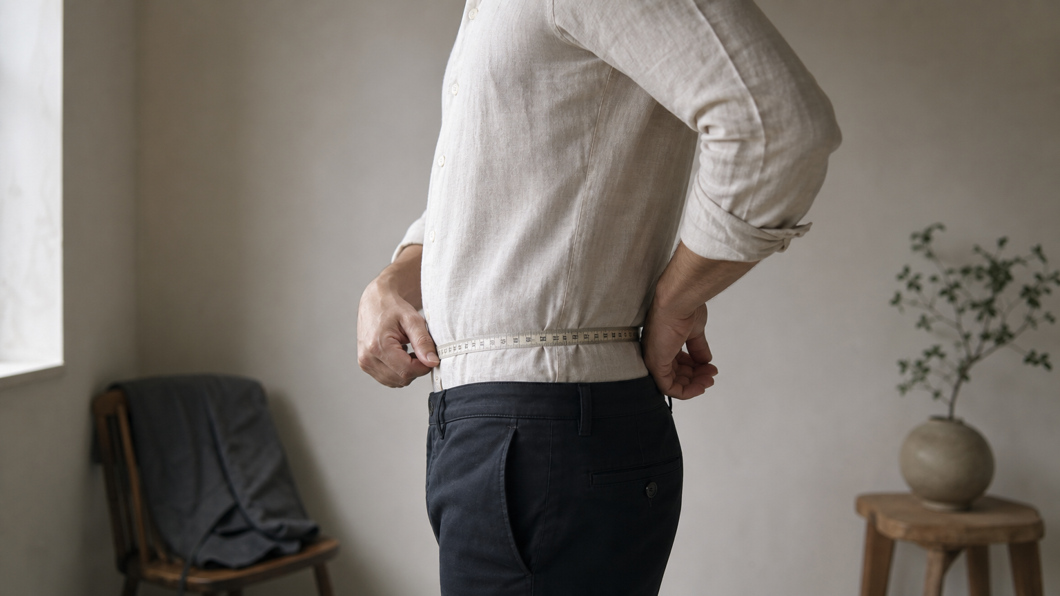 Mètre de couturière placé à l'horizontale autour de la taille d'un homme en chemise.
