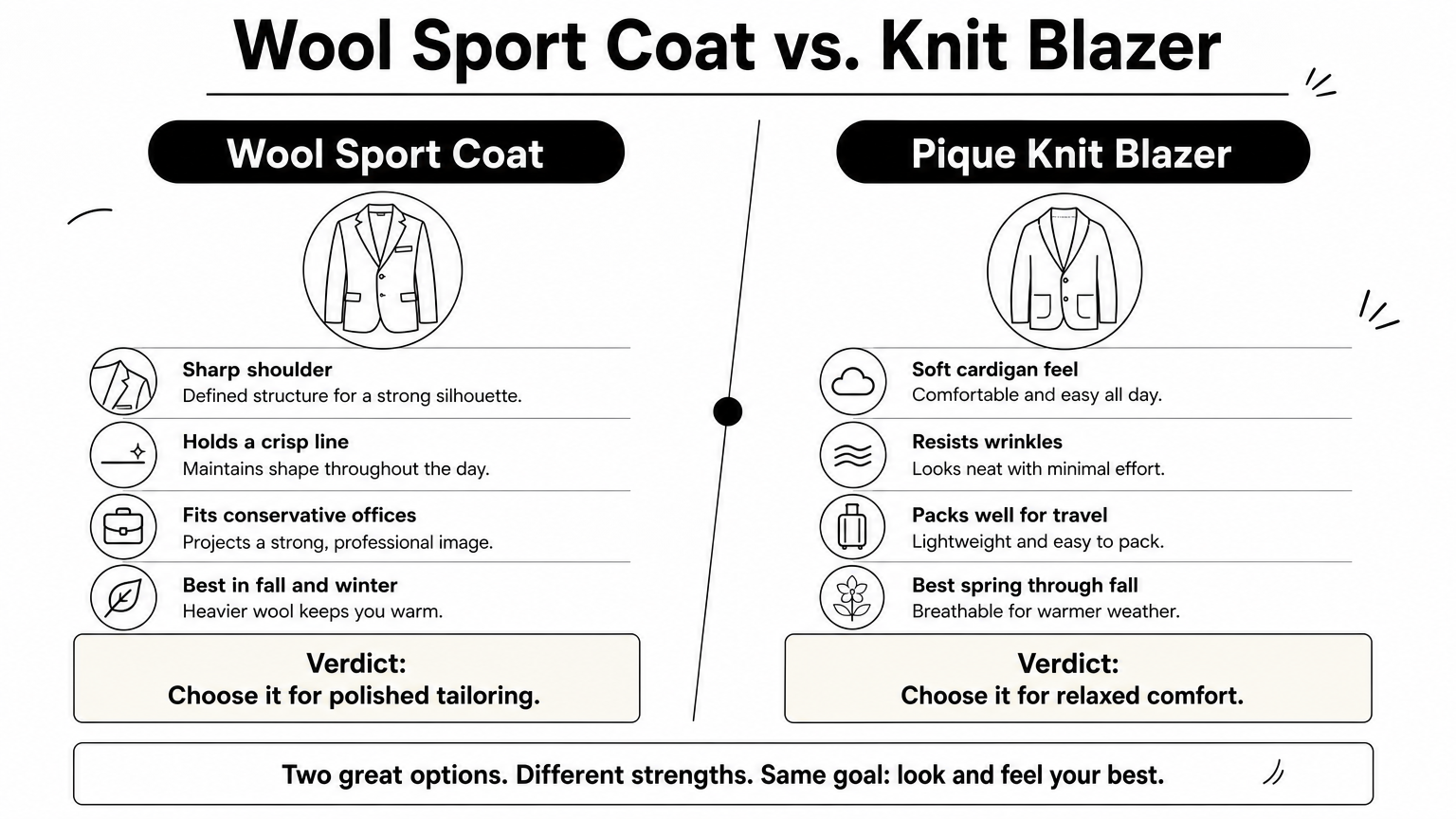 Comparison of a structured wool sport coat and a soft pique knit blazer across four points.