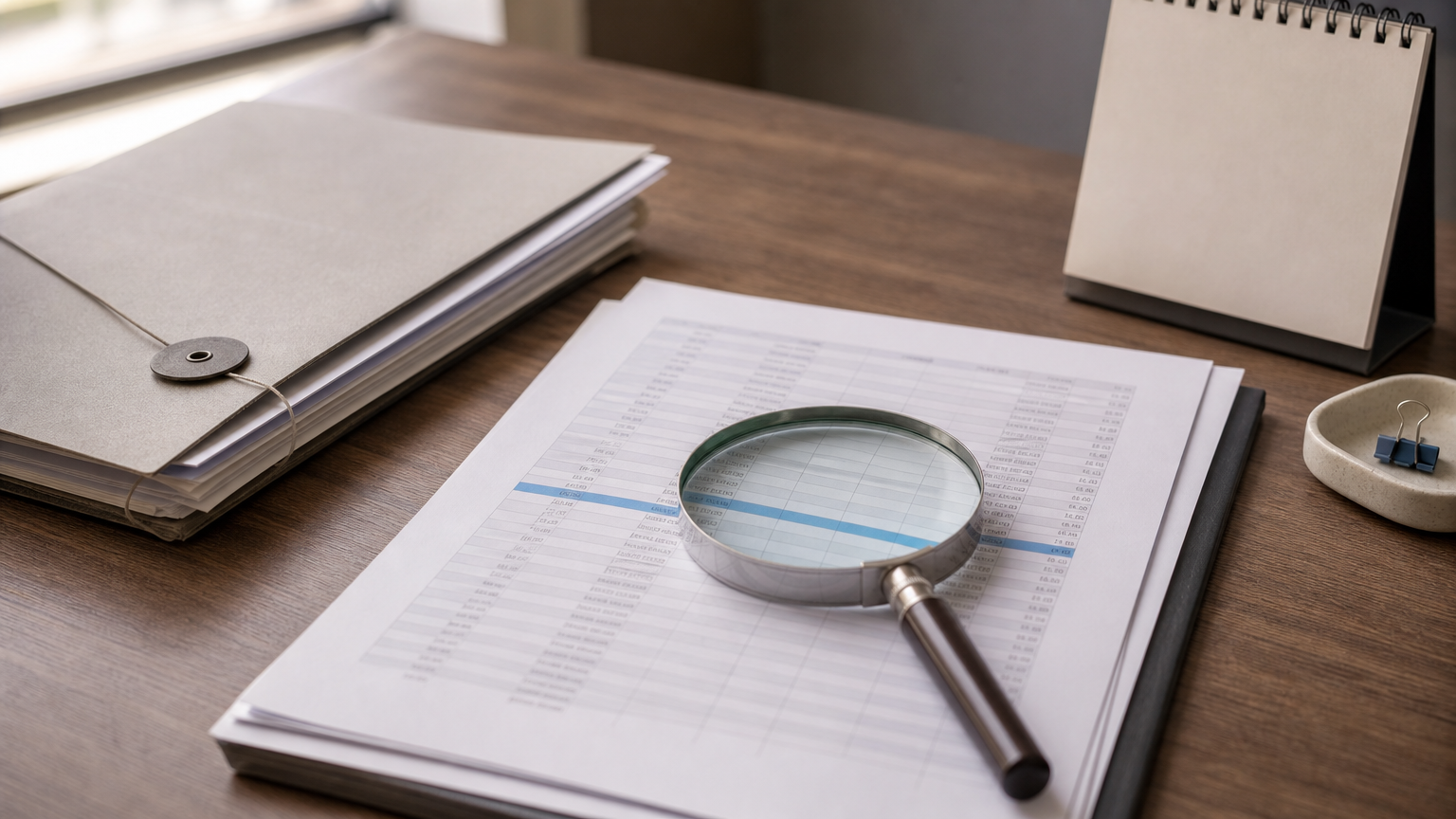A printed register with one highlighted row, a magnifying glass, a contract folder and a calendar on a desk.