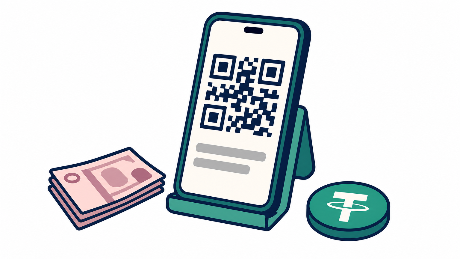 Smartphone with a QR code on a counter next to baht banknotes and a USDT coin.