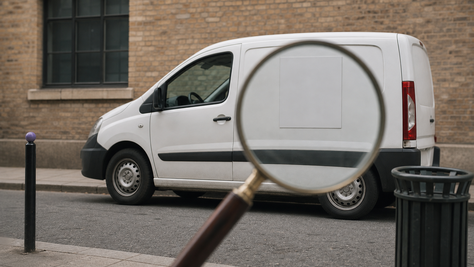 A delivery van with a blank logo placard seen through a magnifying glass.
