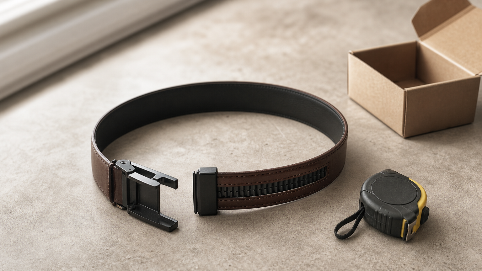 Ceinture à cliquet avec boucle ouverte, posée près d'un mètre ruban et d'un carton ouvert.