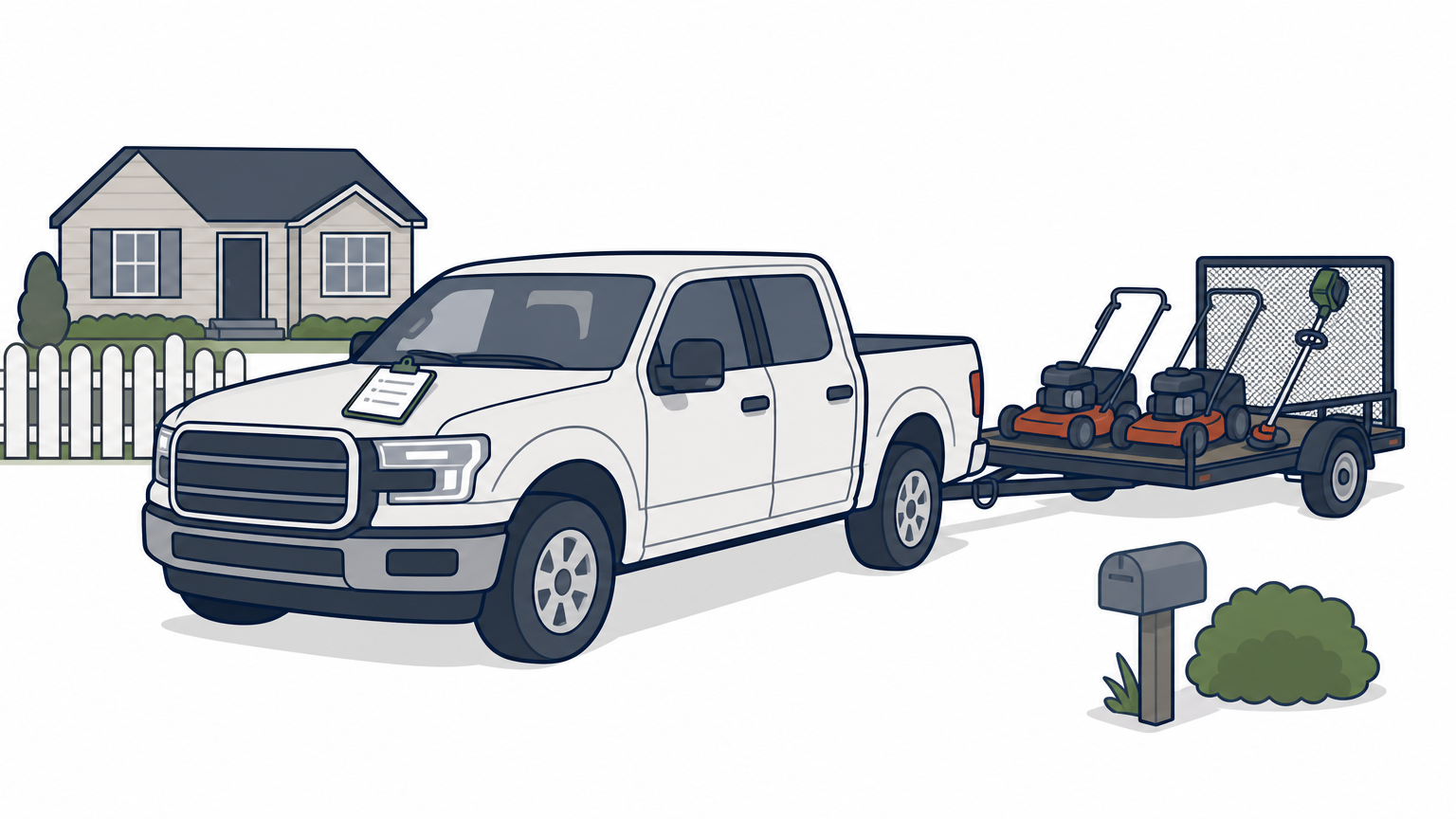 A pickup truck with a trailer of mowers parked at a small suburban yard.