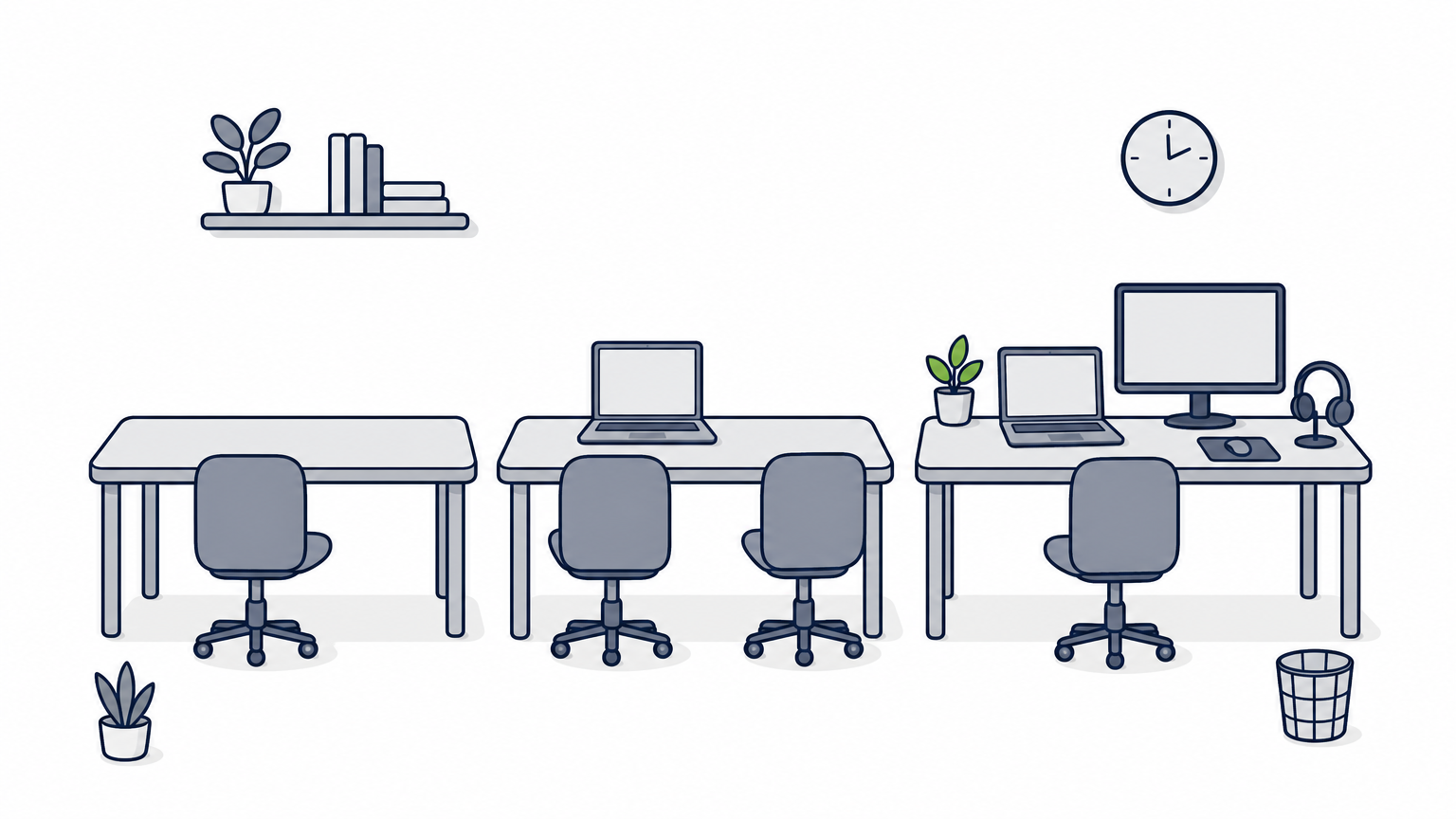 Three desks showing increasing levels of equipment, from a bare desk to a fully equipped workstation.