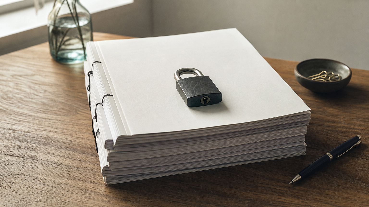 A stack of legal documents and a signed contract with a padlock on top and a pen alongside.