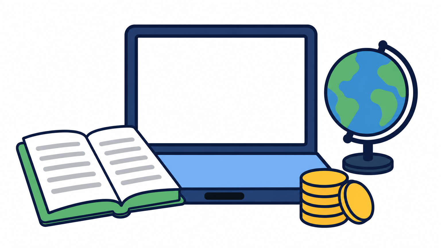 Laptop, ledger notebook, stacked coins, and a small globe arranged on an office desk.