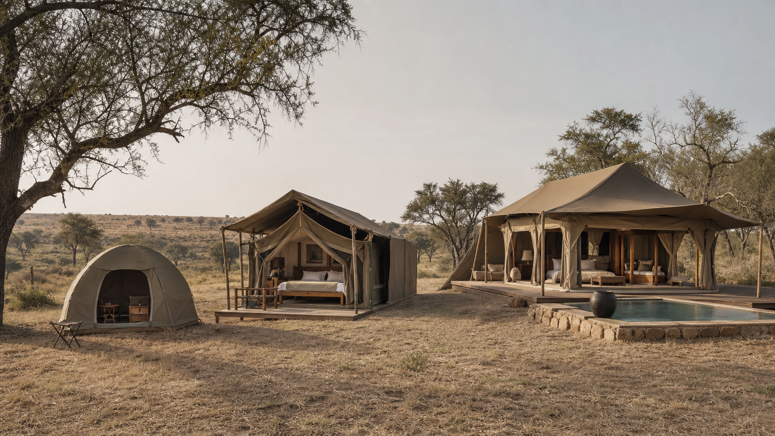 Three tents of increasing size and comfort standing side by side on the savanna.