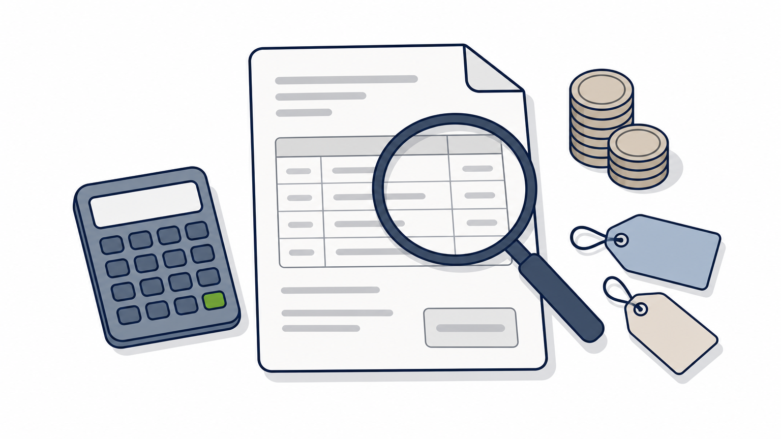 A magnifying glass held over an invoice, with coins, price tags, and a calculator beside it.