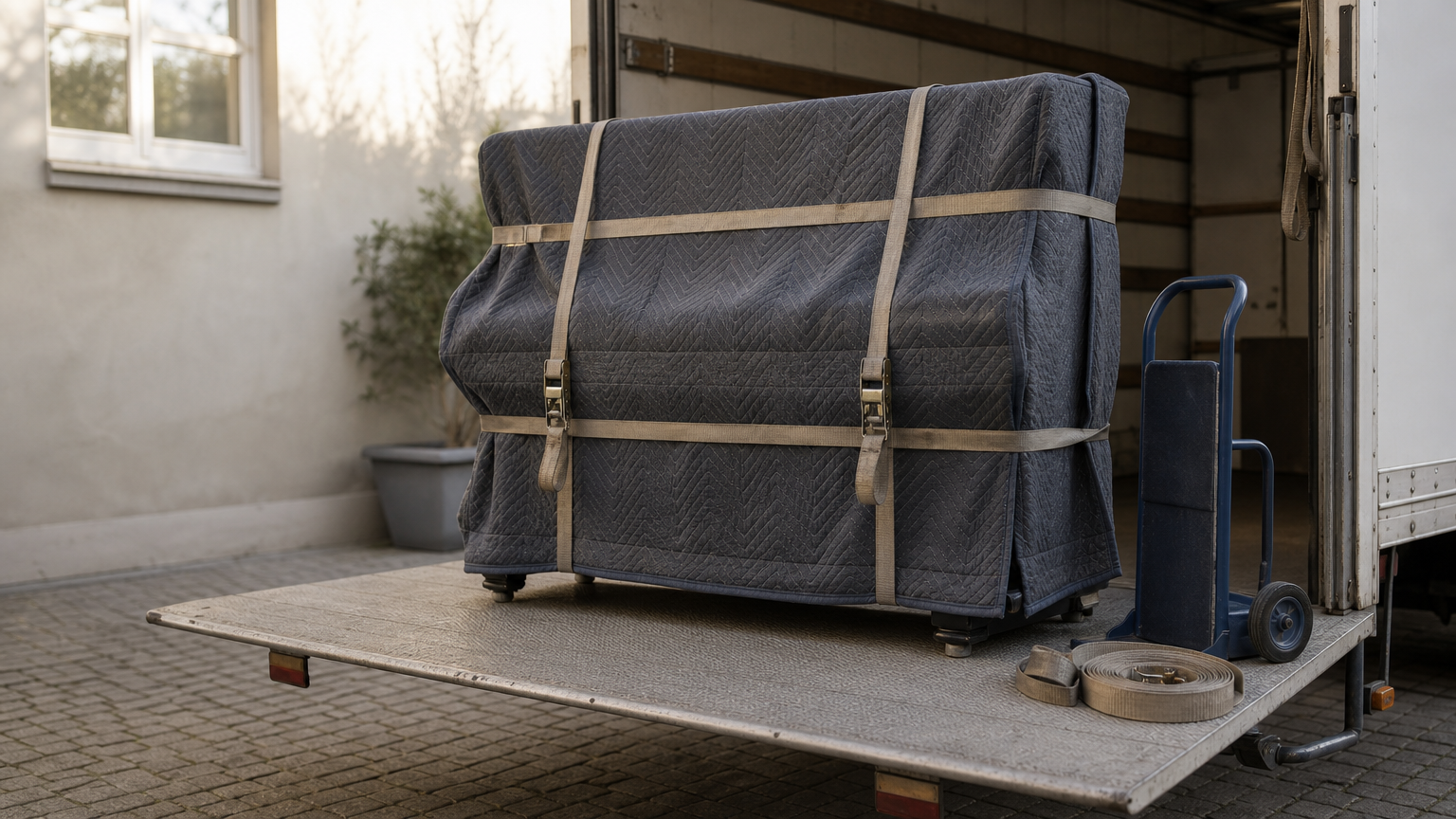 Brisbane Piano Removalists: 5 Insured Options and Prices 2 A blanket-wrapped upright piano strapped on a truck tailgate with a trolley and strap nearby.