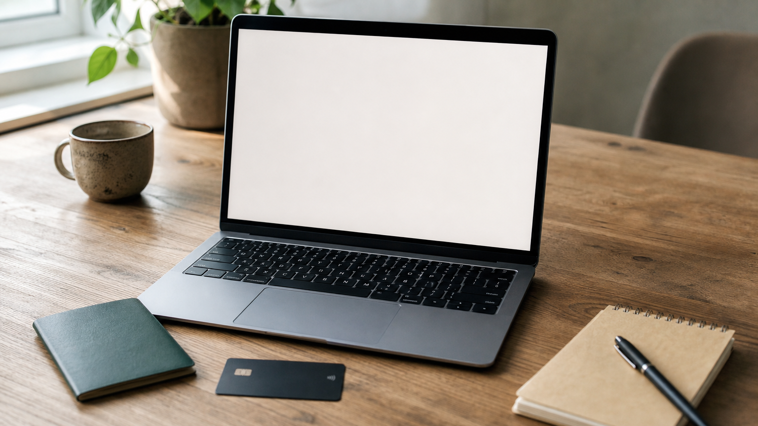 Laptop with an email draft beside a passport, credit card and notepad on a desk.
