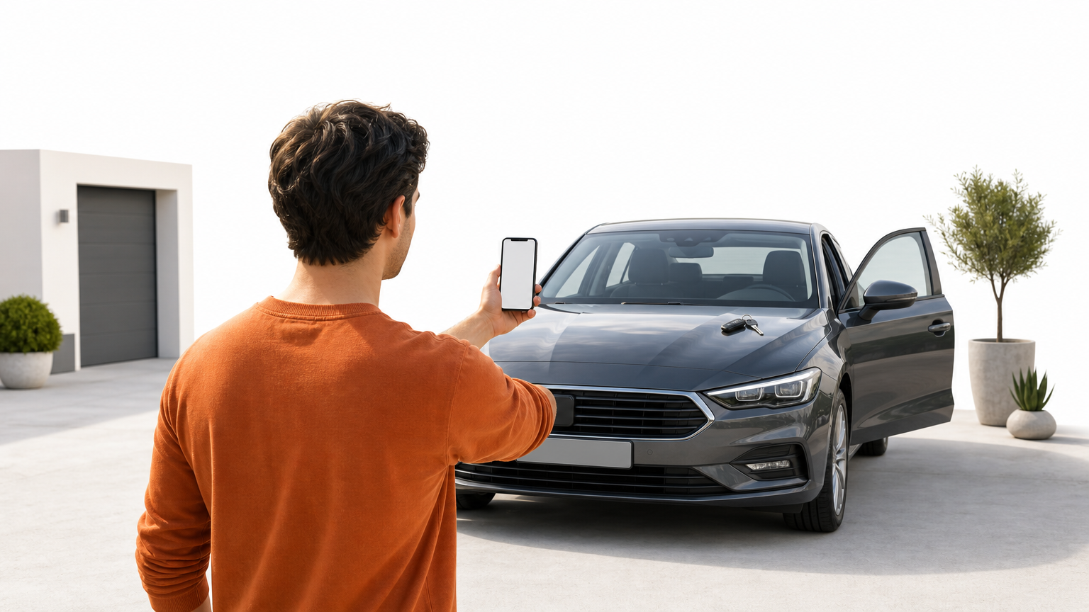 A person in a driveway films their parked sedan with a smartphone while car keys rest on the hood.