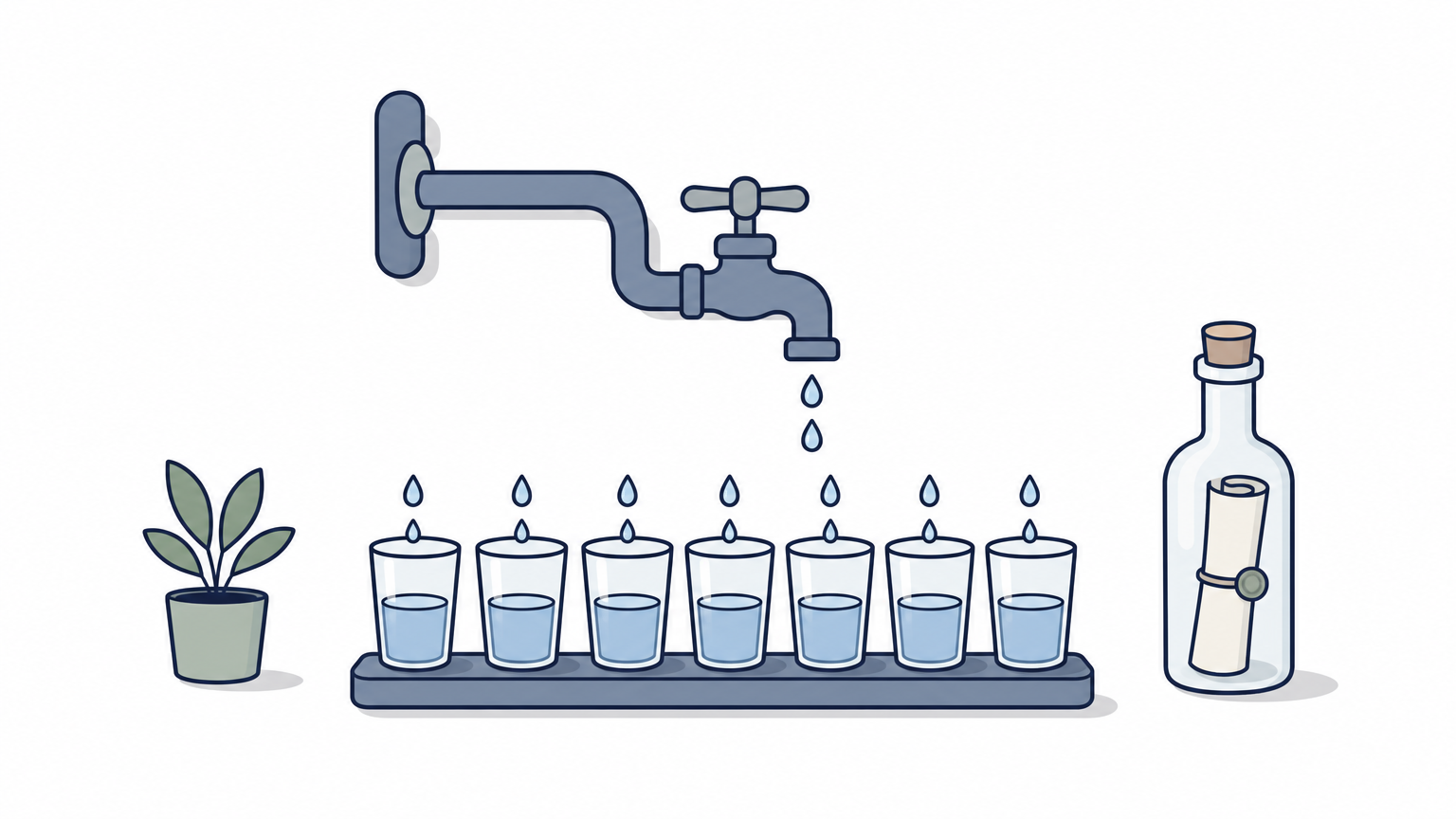 A pipe dripping many drops into glasses beside a single sealed bottle with one note.