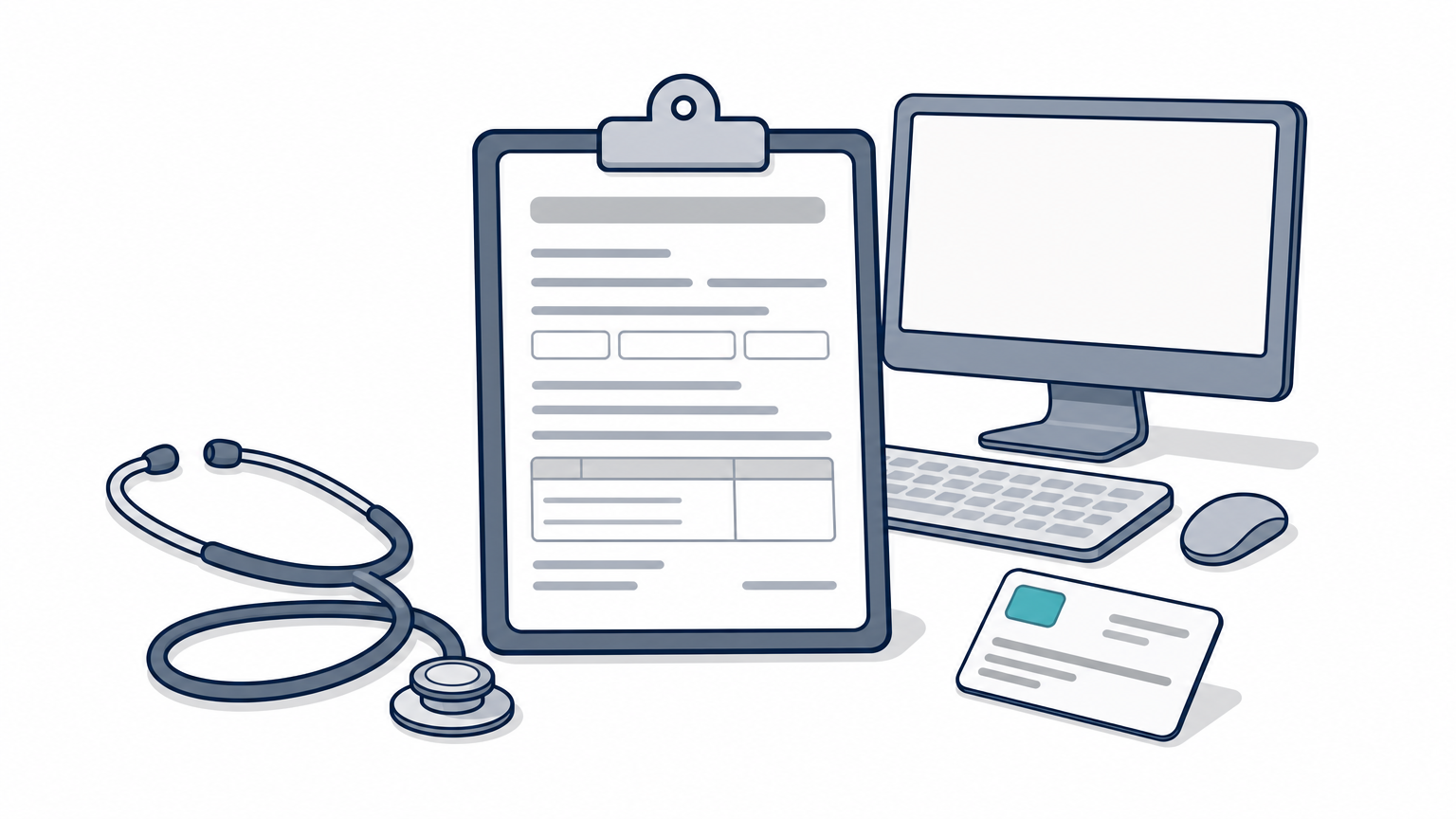 Front desk with a claim form on a clipboard, insurance card, stethoscope, and computer.