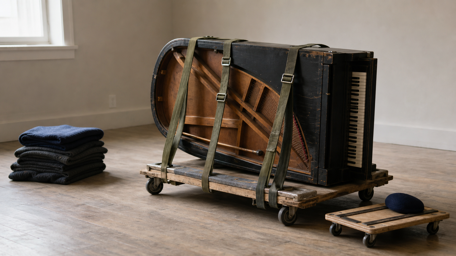 Brisbane Piano Removalists: 5 Insured Options and Prices 3 A grand piano on a piano board with straps, a skid and folded blankets.