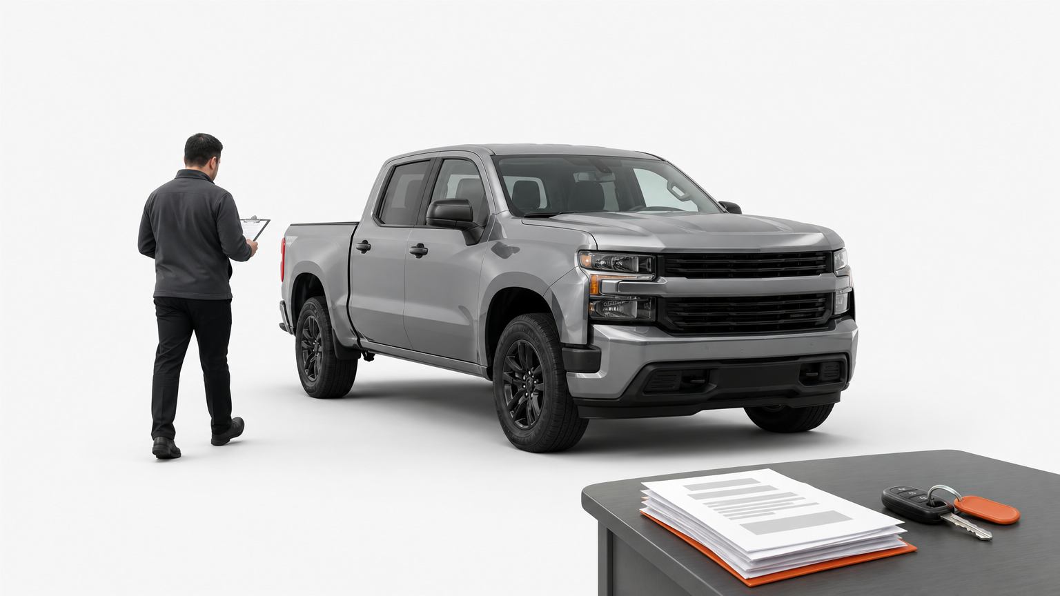 An appraiser with a clipboard inspects a pickup truck in a dealership lane beside a desk with papers and keys.