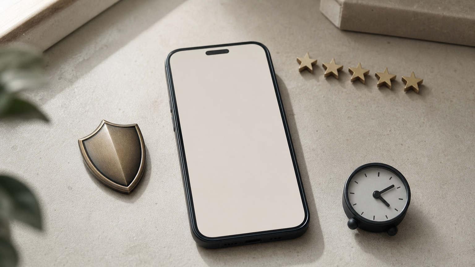 A smartphone displaying a store page next to a shield, star ratings, and a delivery clock.