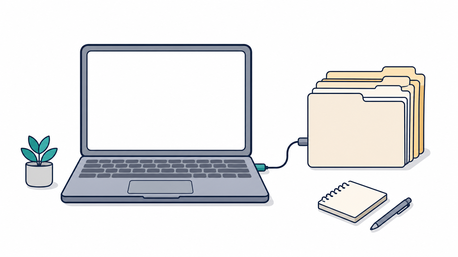 Laptop with dashboard beside stacked claim folders connected by a plug cable.