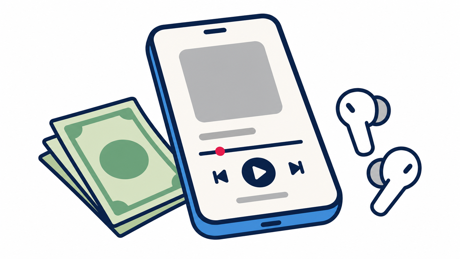 Smartphone with a music player next to Taka banknotes and earbuds on a desk.
