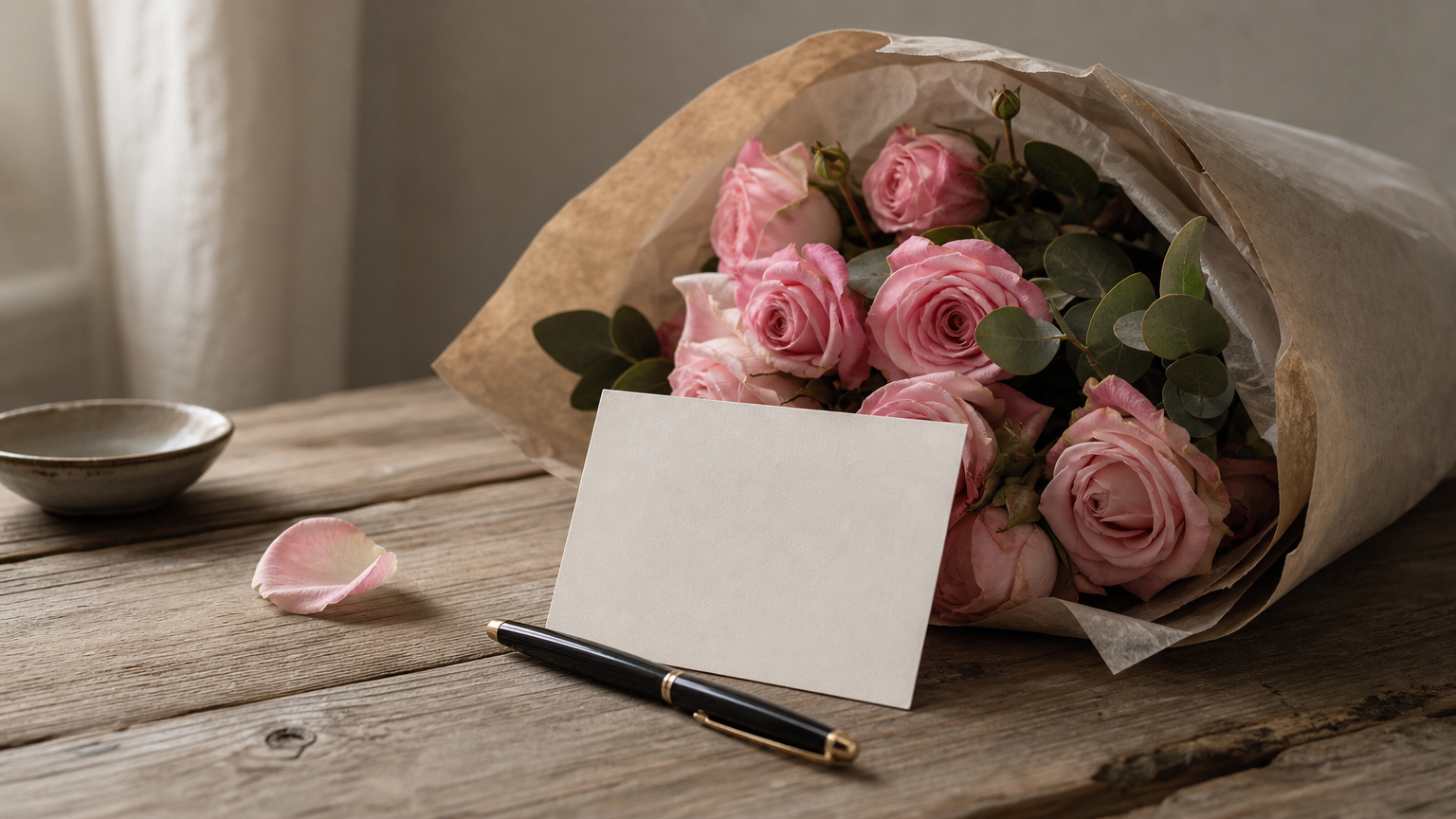 A blank gift card and pen leaning against a pink rose bouquet.