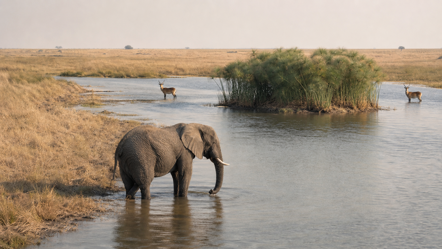 Safari in the Okavango Delta: Costs, Best Time, and Lodges An elephant wades in a floodwater channel winding through dry grassland beside red lechwe.