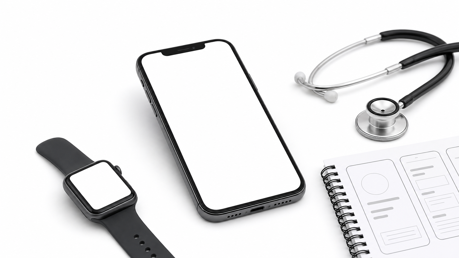 Smartphone, smartwatch, stethoscope, and wireframe notebook arranged on a desk.