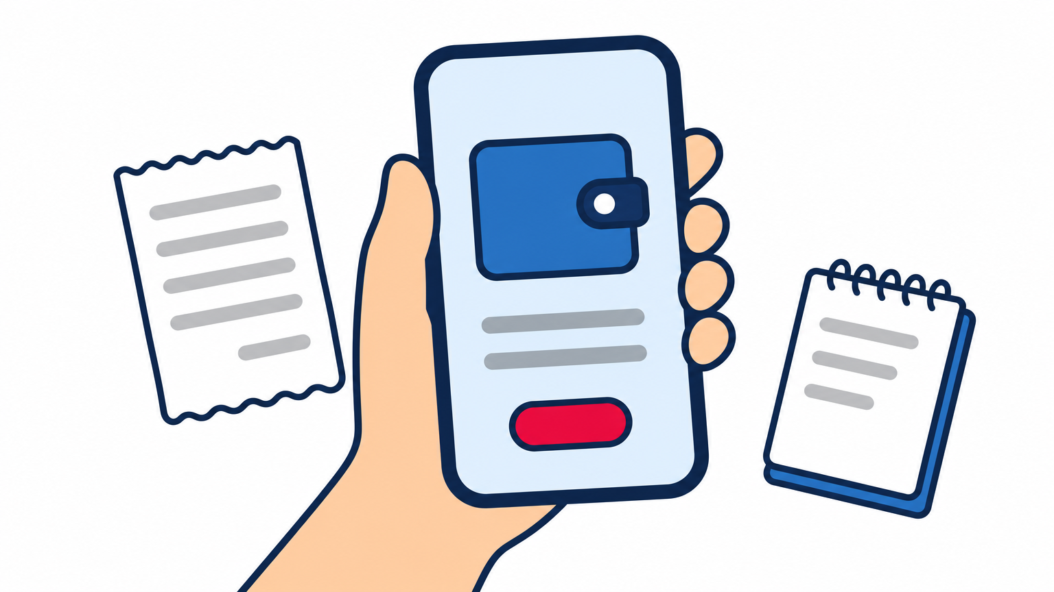 Hand holding a smartphone with a payment screen next to a paper receipt and notepad.