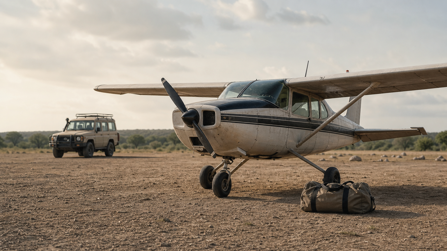 Safari in the Okavango Delta: Costs, Best Time, and Lodges A light aircraft on a dirt airstrip beside a duffel bag and a waiting safari vehicle.