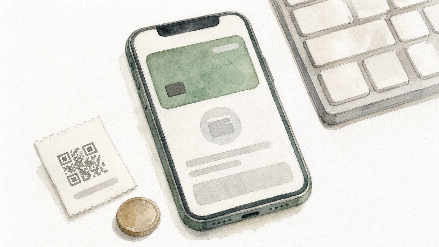 Smartphone with payment screen beside a keyboard, a code slip and a coin on a desk.