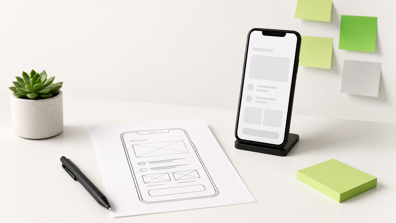 Desk with app screen sketches, sticky notes, and a phone showing a prototype.